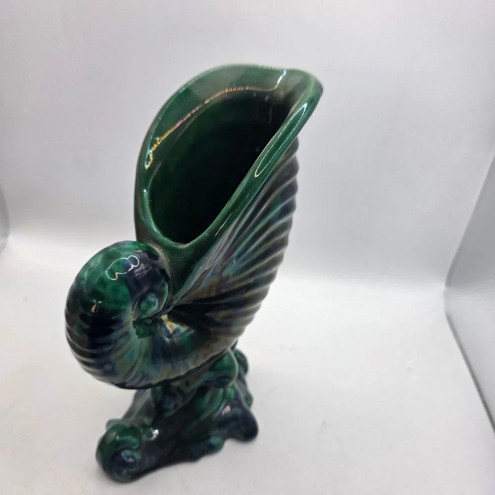 Vintage Iridescent Green Nautilus Shell Vase Ceramic Luster Coastal Art Pottery